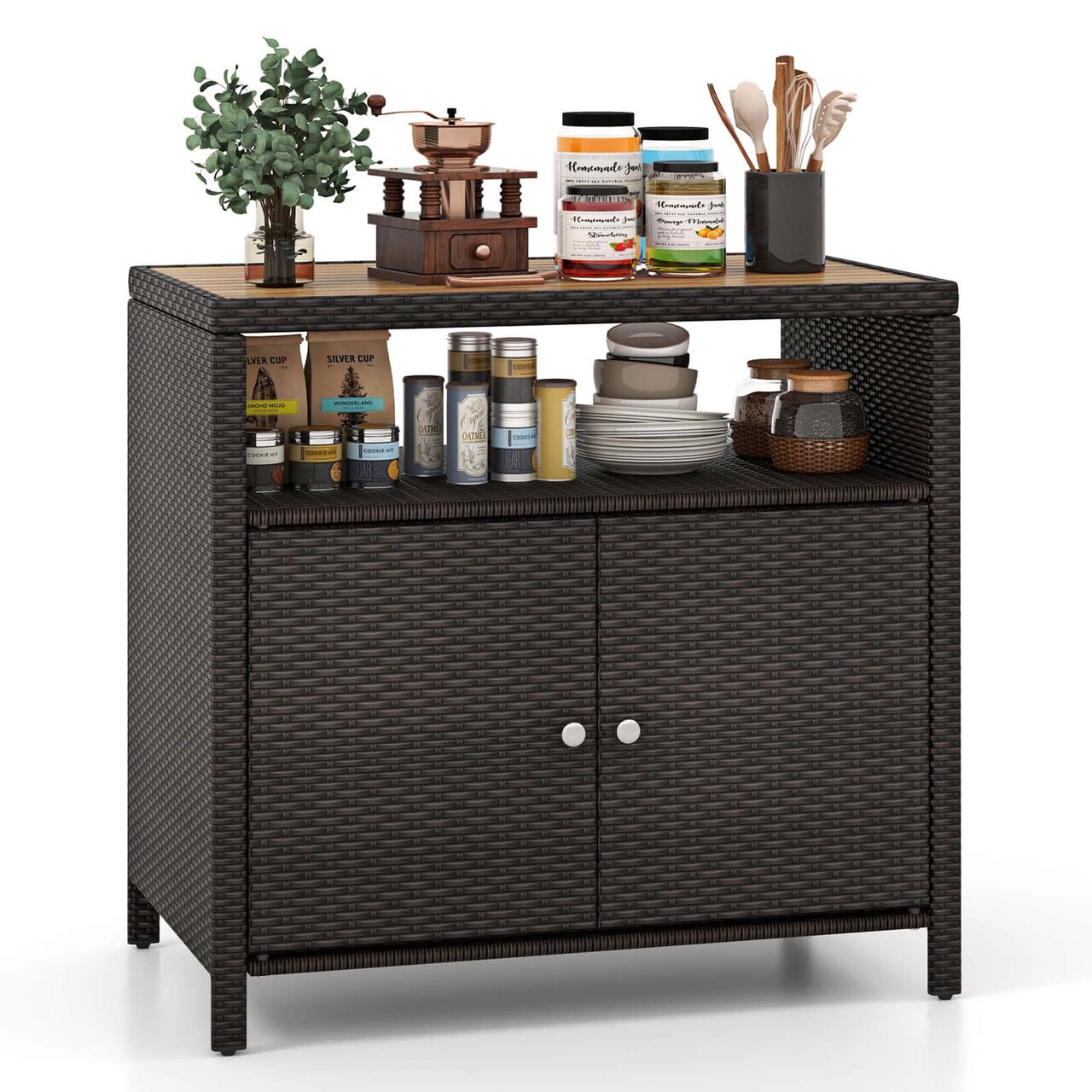 Costway Patio Rattan Storage Cabinet with Acacia Wood Countertop Open Shelf 2 Door Cabinet Black/Mix Brown